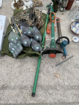AN ASSORTMENT OF ITEMS TO INCLUDE DECOY PIGEONS AND AN ELECTRIC HEDGE TRIMMER ETC