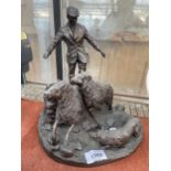 A BRONZED COLD CAST FIGURE OF A FARMER WITH SHEEP AND A SHEEP DOG