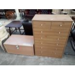 A MODERN PINE EFFECT CHEST OF TWO SHORT AND FIVE LONG DRAWERS, 29.5" WIDE AND MODERN BLANKET CHEST
