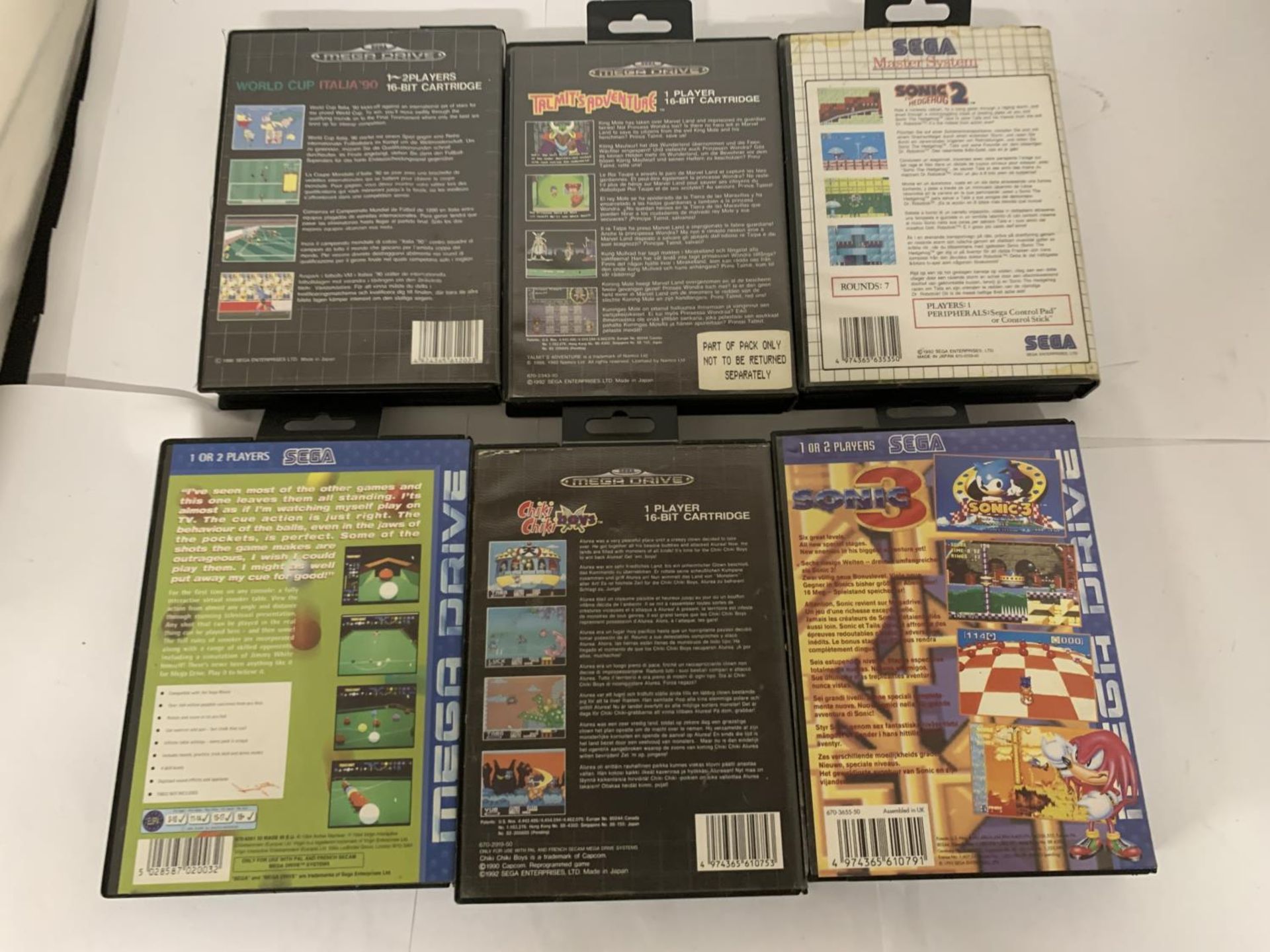 SIX BOXED SEGA GAMES TO INCLUDE SONIC THE HEDGEHOG 2, SONIC 3, CHICK CHIKI BOYS, ETC., - Image 2 of 5