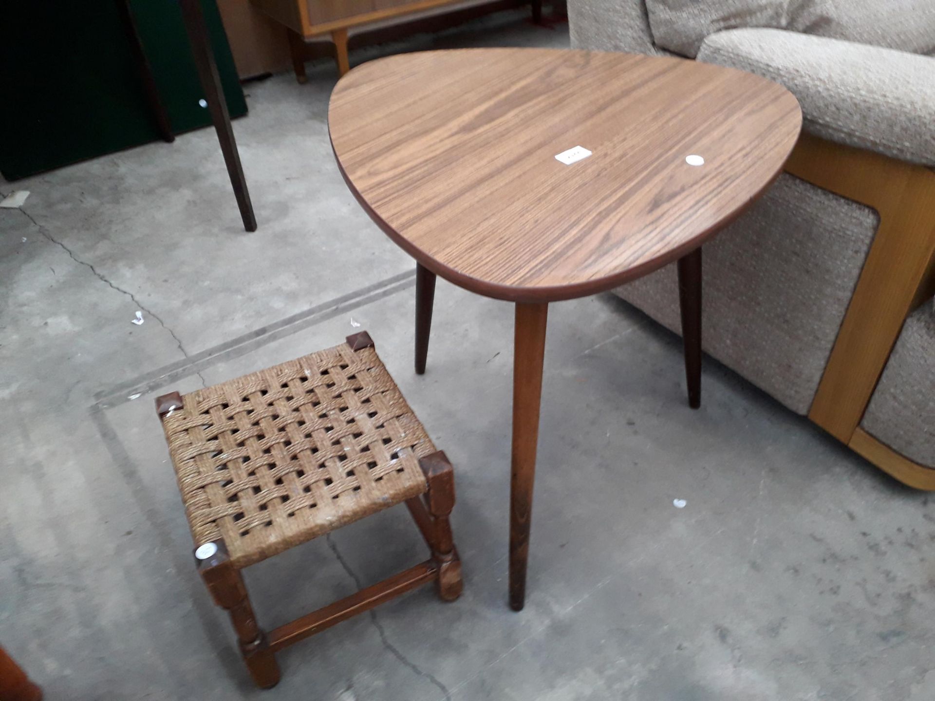 A RETRO COFFEE TABLE AND SMALL STOOL