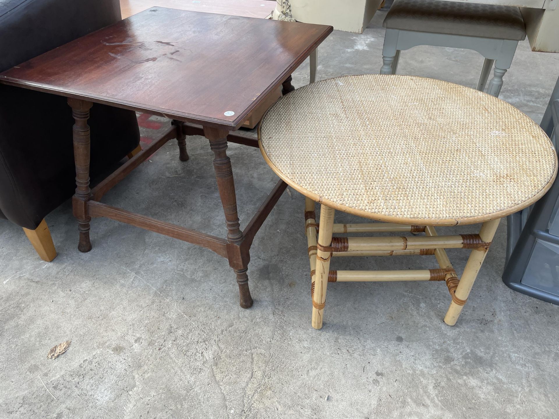 AN EDWARDIAN MAHOGANY OCCASIONAL TABLE, 24" SQUARE, BAMBOO AND WICKER COFFEE TABLE AND PLASTIC - Image 2 of 3