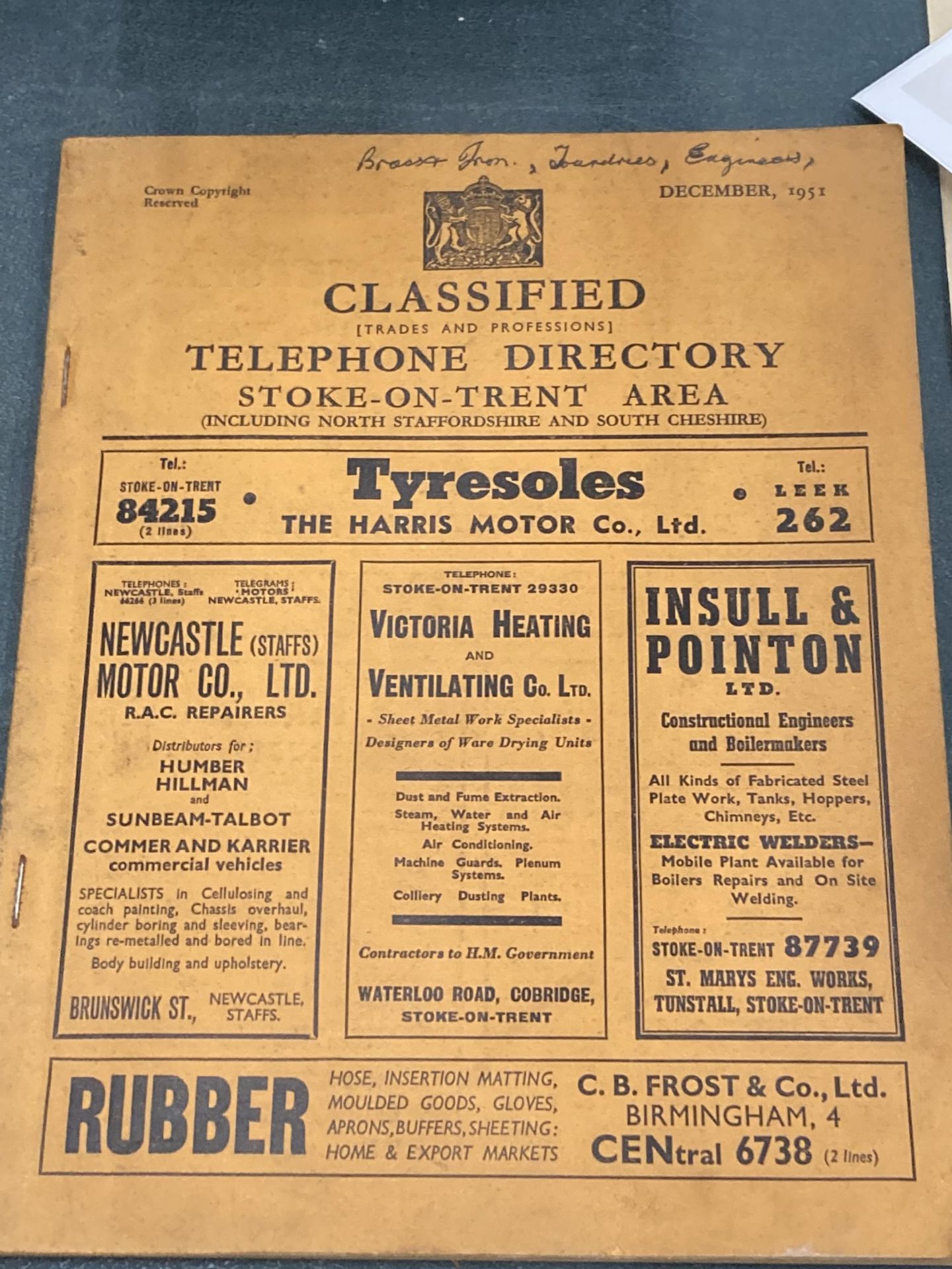 A VINTAGE 1951 STOKE ON TRENT TELEPHONE DICTIONARY