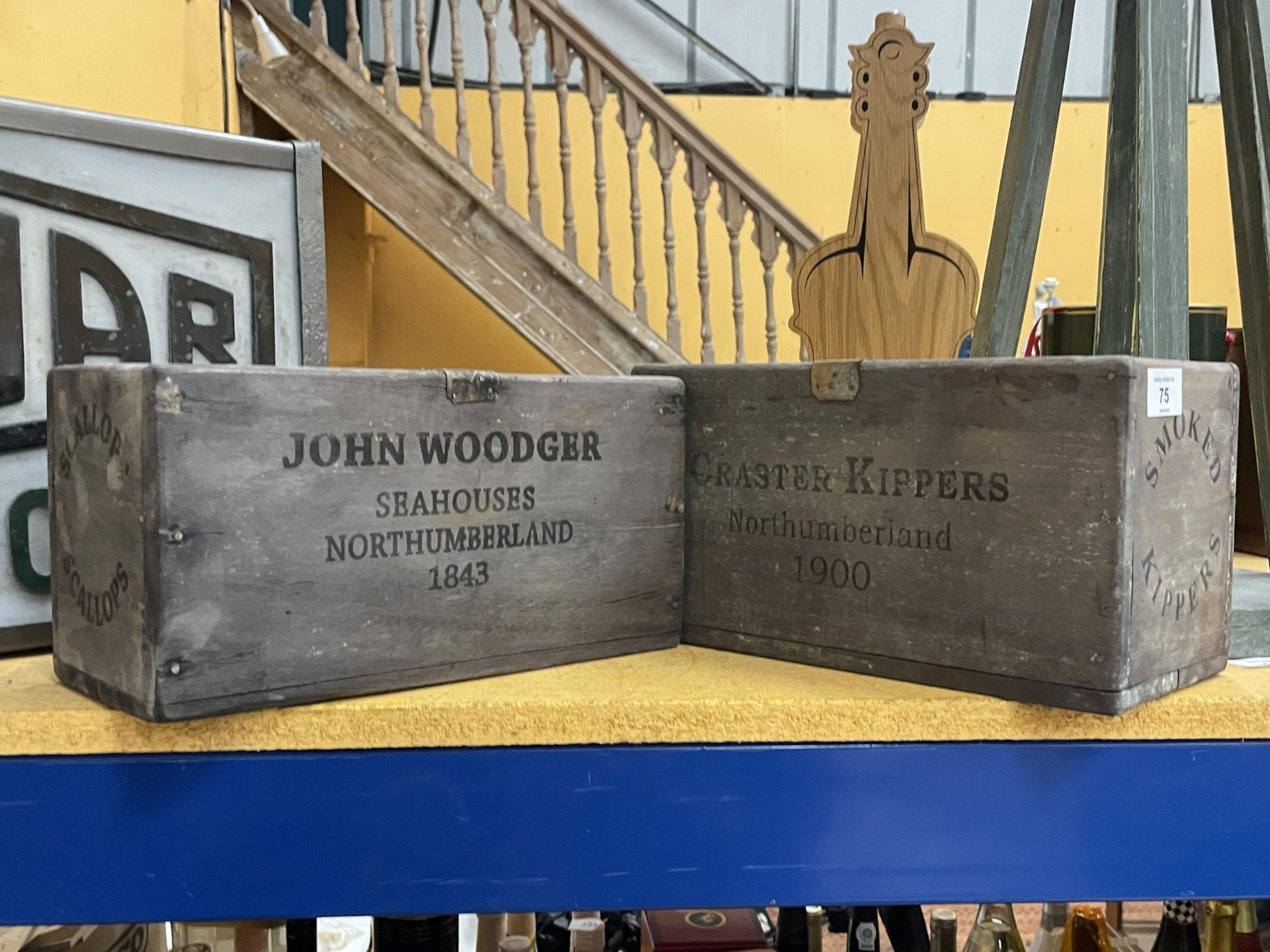 TWO WOODEN CRATES MARKED SEAHOUSES NORTHUMBERLAND SCALLOPS AND CRASTER KIPPERS NORTHUMBERLAND