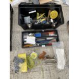 A TOOL BOX CONTAINING AN ASSORTMENT OF TOOLS TO INCLUDE A WOOD PLANE AND SPANNERS ETC