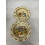 TWO ROYAL DOULTON BUNNYKINS DEEP IVORY GLAZED EARTHENWARE BABY PLATES "MEDICINE TIME" PRODUCED UNTIL