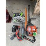 AN ASSORTMENT OF POWER TOOLS TO INCLUDE A HUSQVARNA HEDGE TRIMMER, EVOLUTION CIRCULAR SAW AND