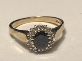 A 9 CARAT GOLD RING WITH CENTRE SAPPHIRE SURROUNDED BY DIAMONDS SIZE M