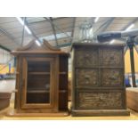 TWO TABLE TOP STORAGE DISPLAYS - RATTAN DRAWER DESIGN CHEST AND SINGLE DOOR CUPBOARD