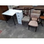 AN EDWARDIAN BEDROOM CHAIR, PAIR OF MID 20TH CENTURY DINING CHAIRS, BATHROOM CHEST AND 30" SQUARE