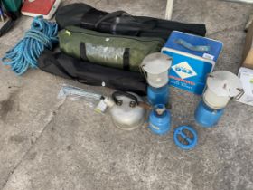 AN ASSORTMENT OF CAMPING ITEMS TO INCLUDE CHAIRS, A TENT AND GAS LIGHTS ETC
