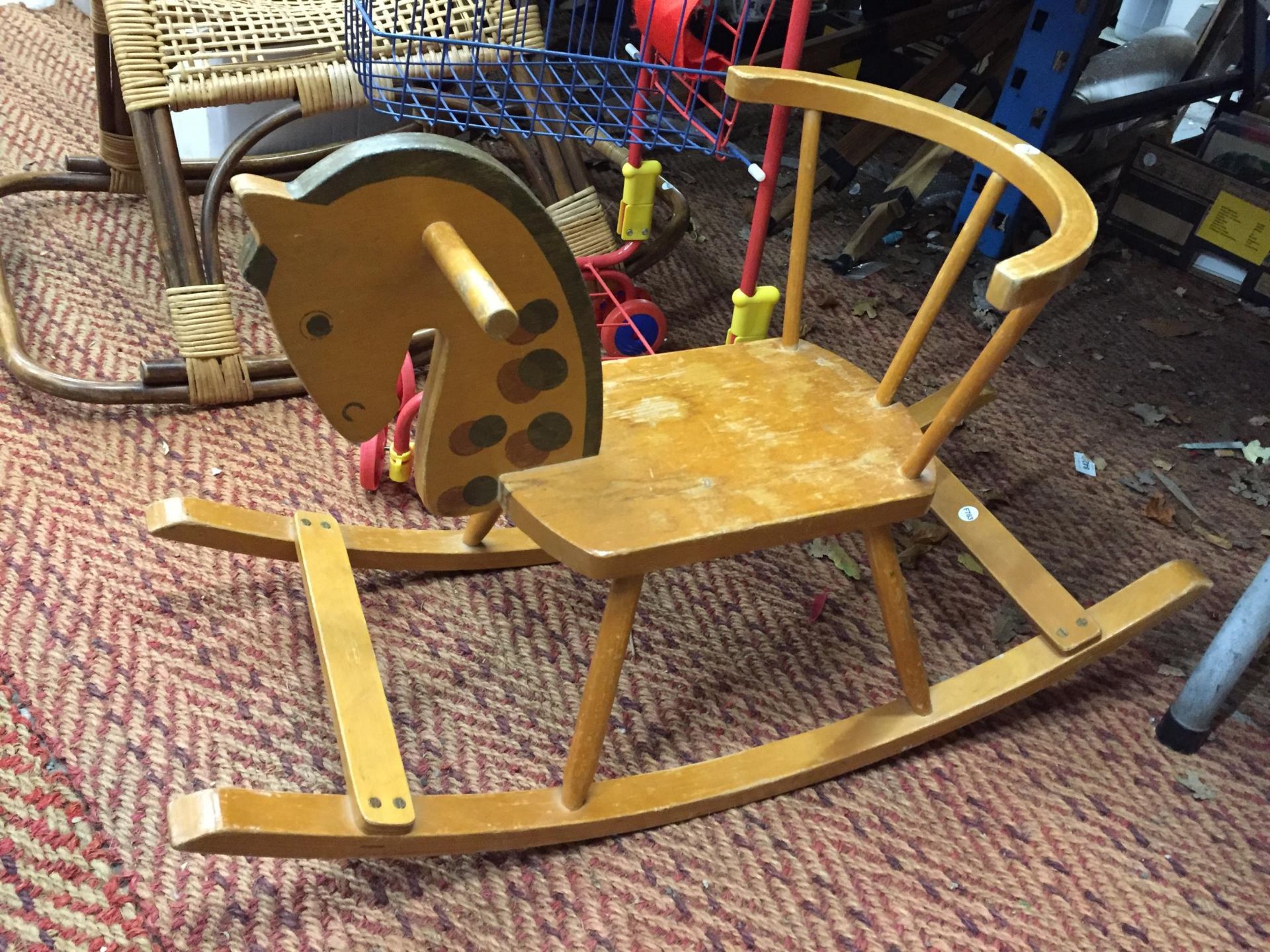 A VINTAGE WOODEN CHILD'S HORSE ROCKER, A WICKER HORSE ROCKER PLUS A CHILD'S SHOPPING TROLLEY - Image 2 of 4
