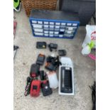 A HARD WARE CHEST AND AN ASSORTMENT OF POWER TOOL BATTERIES AND CHARGERS ETC