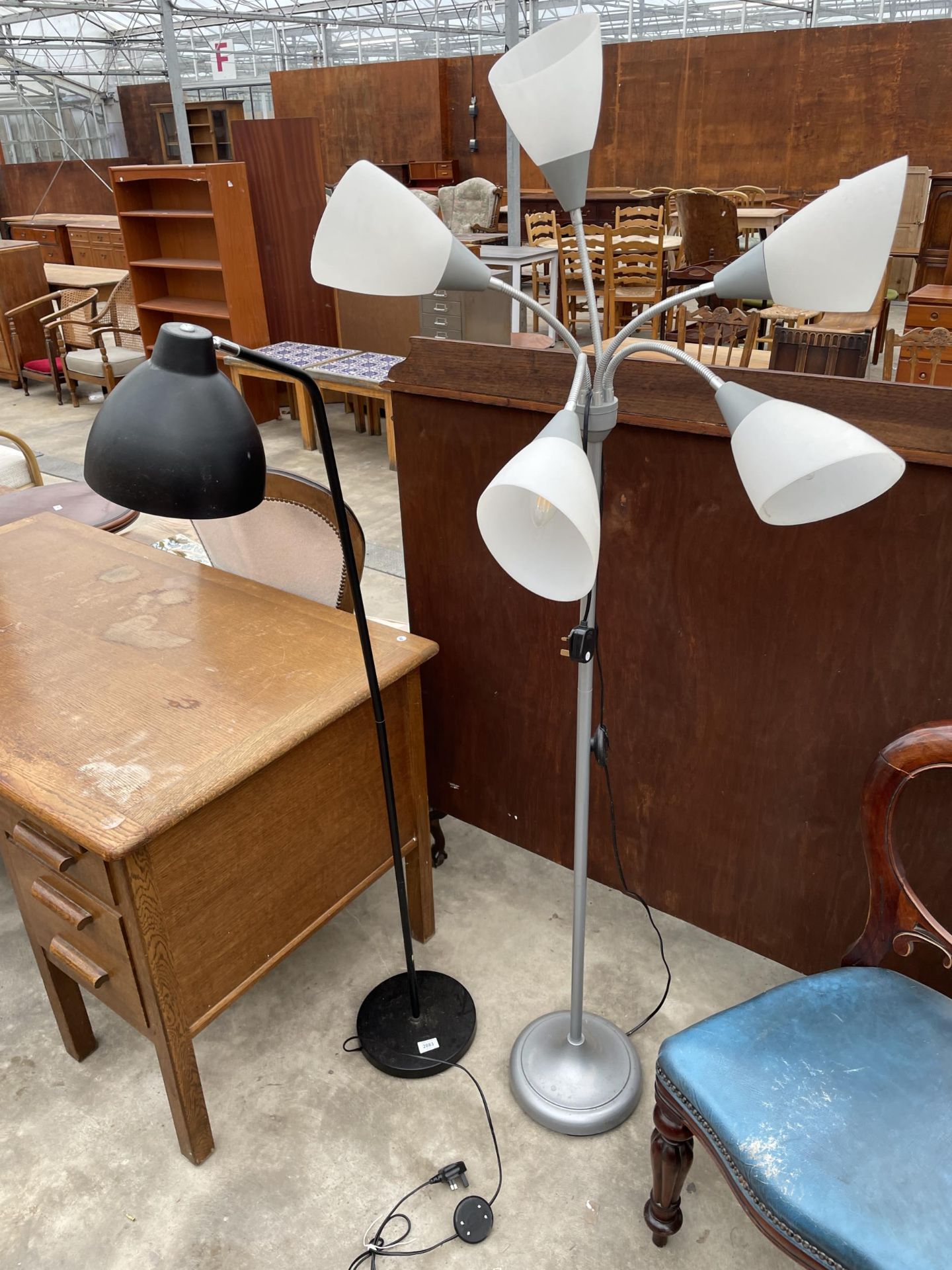 A MODERN READING LAMP AND A FIVE DIVISION MODERN STANDARD LAMP
