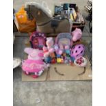 AN ASSORTMENT OF CHILDRENS TOYS TO INCLUDE A ROCKING HORSE AND PEPPER PIG ETC