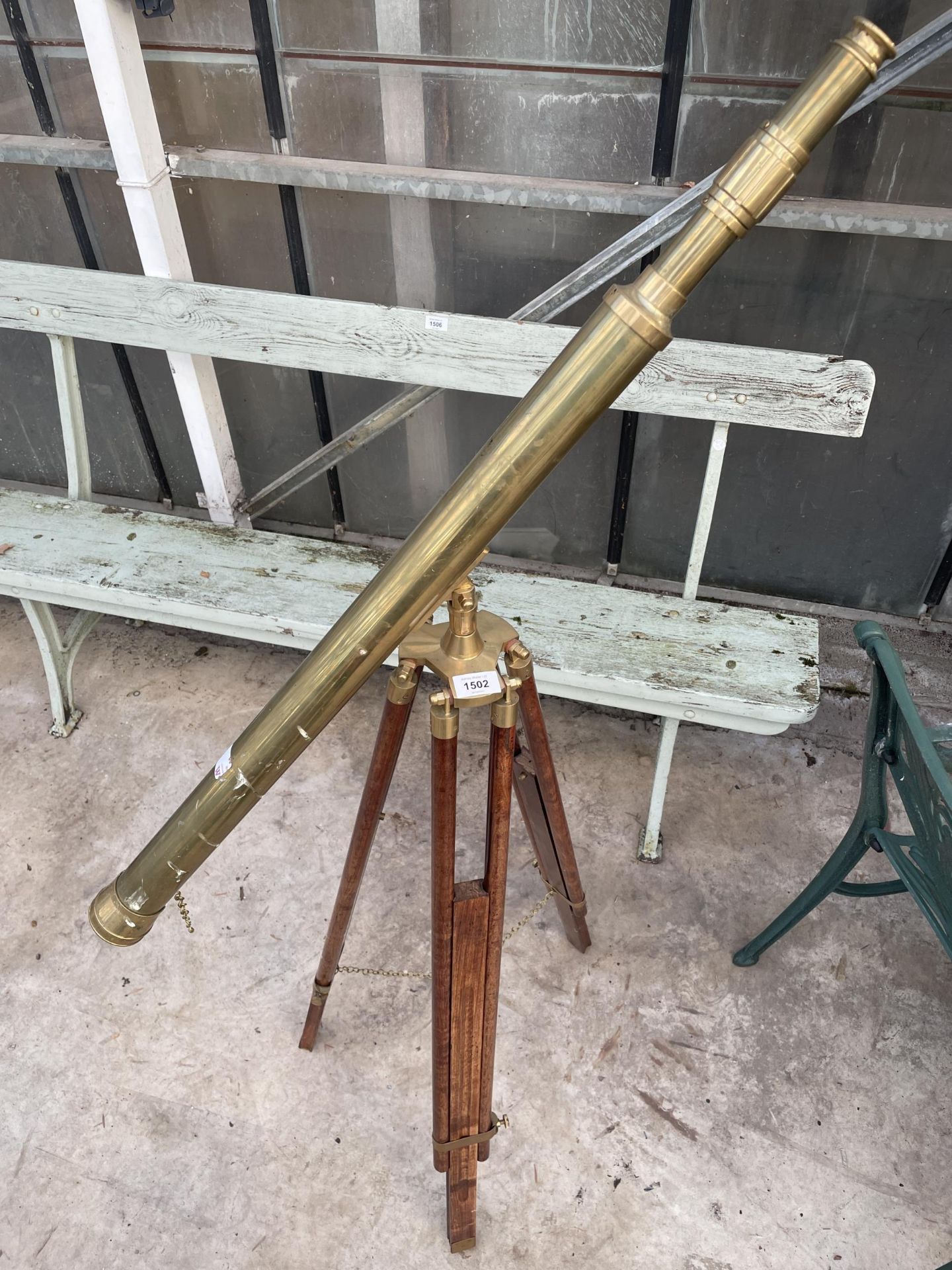 A VINTAGE BRASS TELESCOPE WITH WOODEN TRIPOD STAND - Image 2 of 7