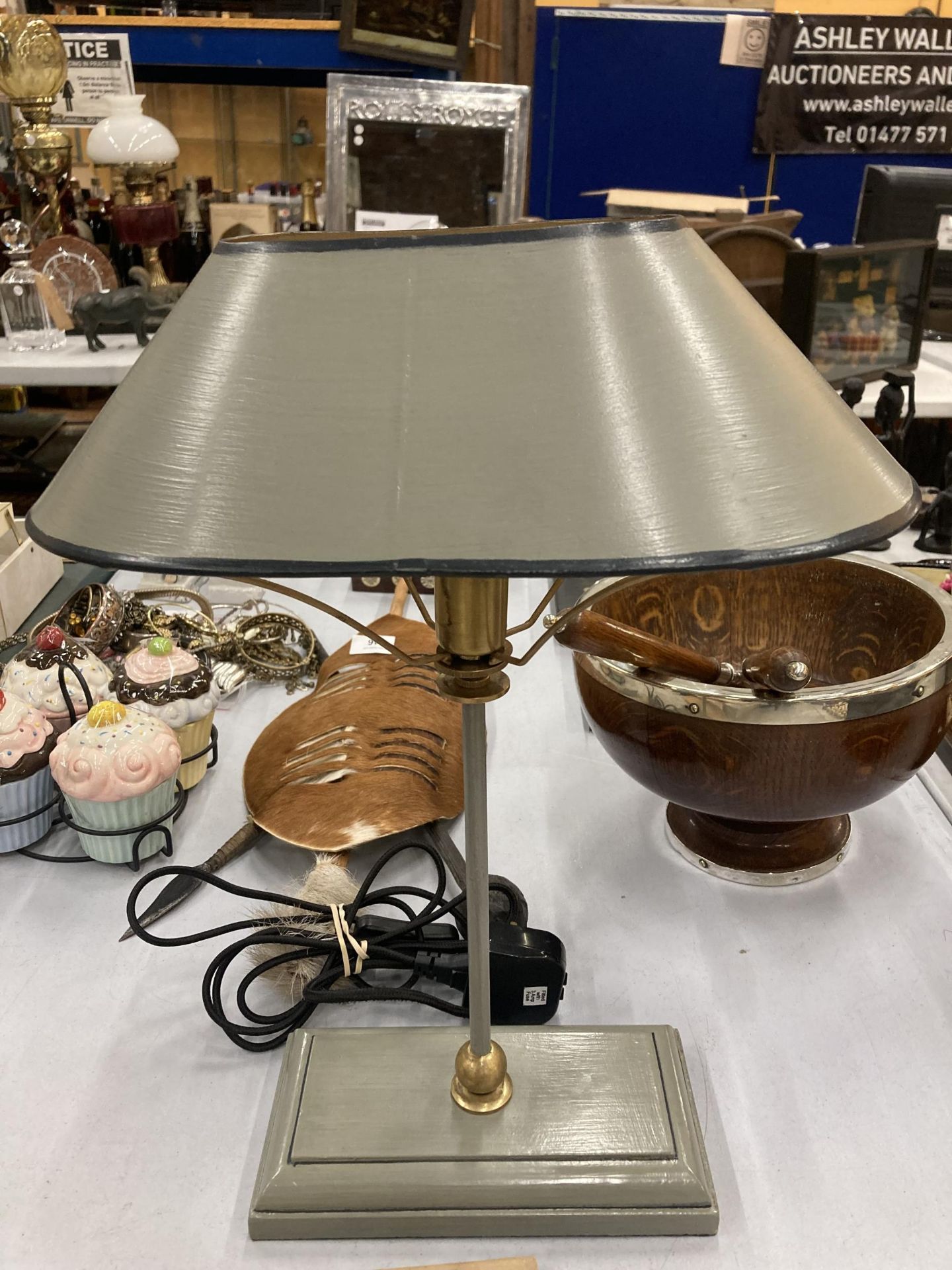 AN OKA METAL SUEDE TABLE LAMP