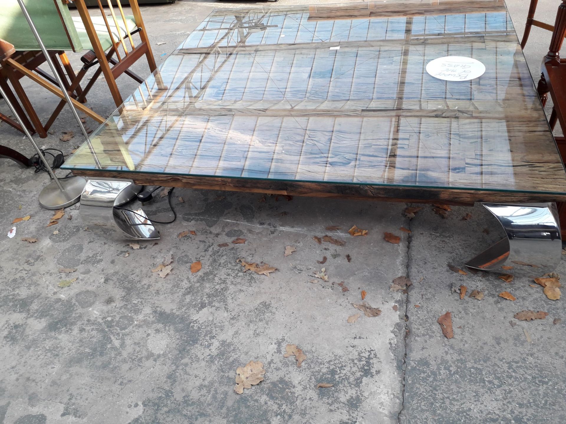 A RUSTIC COFFEE TABLE WITH RECLAIMED WOOD TOP ON SWEPT CHROMIUM PLATED LEGS, 55" SQUARE - Image 3 of 3