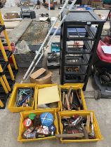 A SIX DRAWER STORAGE CHEST TO INCLUDE A LARGE ASSORTMENT OF TOOLS AND HARDWARE