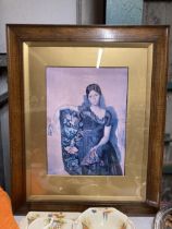 A LARGE MAHOGANY FRAMED PRINT OF A SPANISH STYLE LADY, 74CM X 91CM