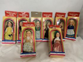 EIGHT NATIONALITY DOLLS WITH SLEEPING EYES TO INCLUDE FRANCE, ITALY, POLAND, ETC.,