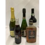 FIVE MIXED BOTTLES - CAVA, 35CL CAPTAIN MORGAN RUM, ROYAL WEDDING ALE, RUBY PORT AND GERMAN BOTTLE