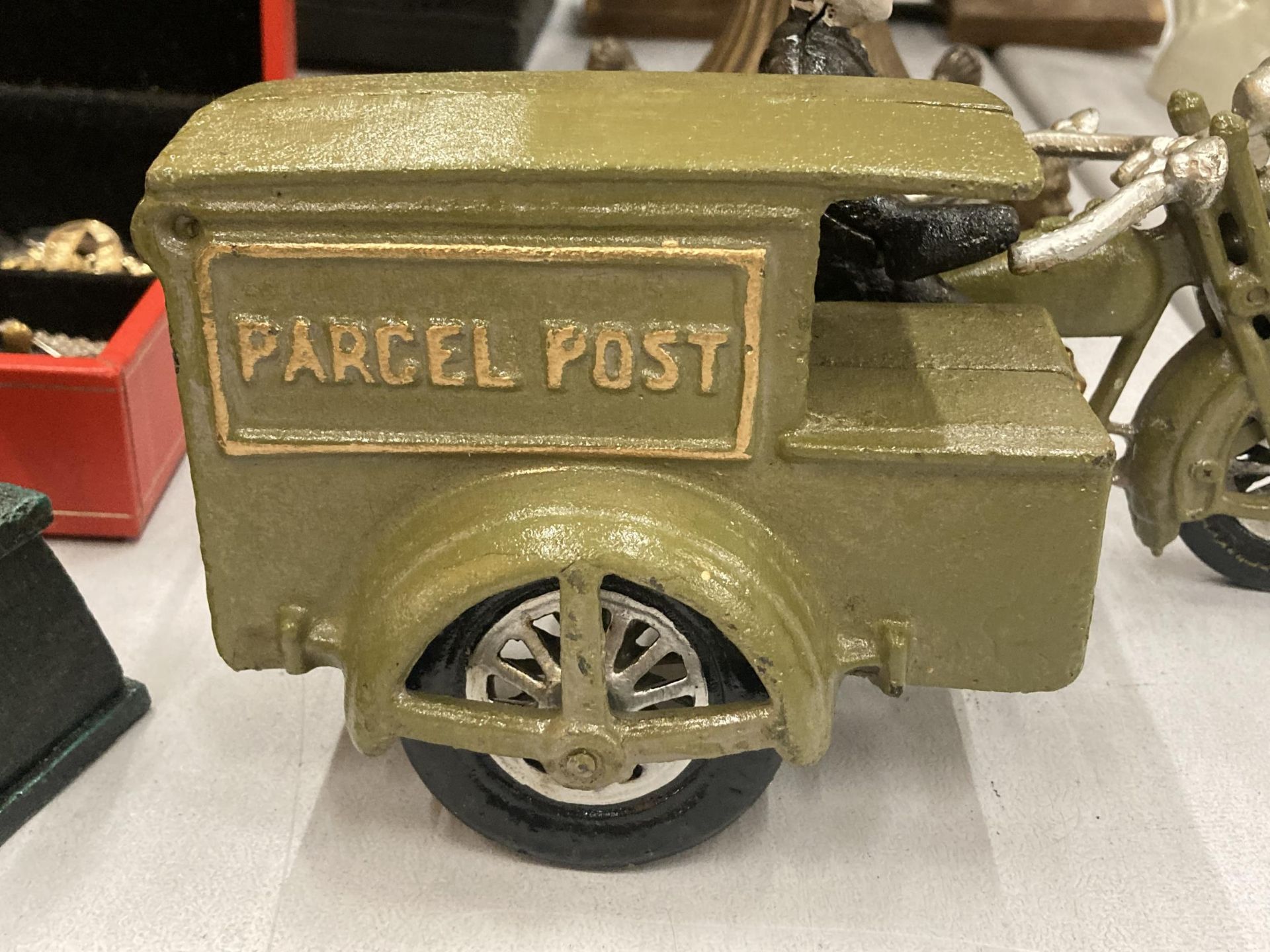 AN UNUSUAL HEAVY CAST MOTOR BIKE, POSTMAN AND PARCEL POST SIDE CAR - Image 3 of 4