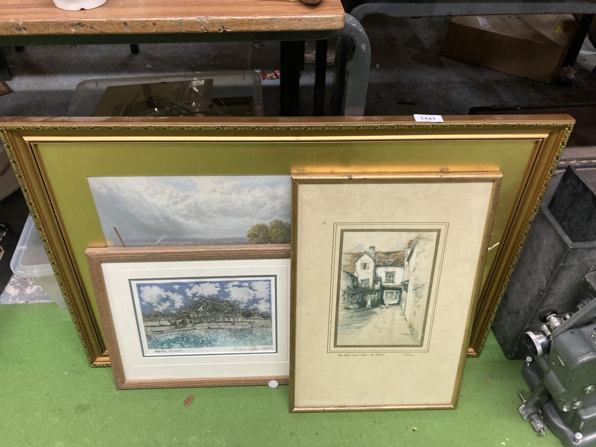 FOUR FRAMED PRINTS , WEST PIER, BRIGHTON, ST ALBANS AND COUNTRYSIDE LARGE GILT FRAMED EXAMPLE