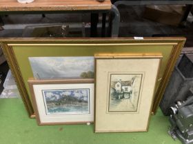 FOUR FRAMED PRINTS , WEST PIER, BRIGHTON, ST ALBANS AND COUNTRYSIDE LARGE GILT FRAMED EXAMPLE