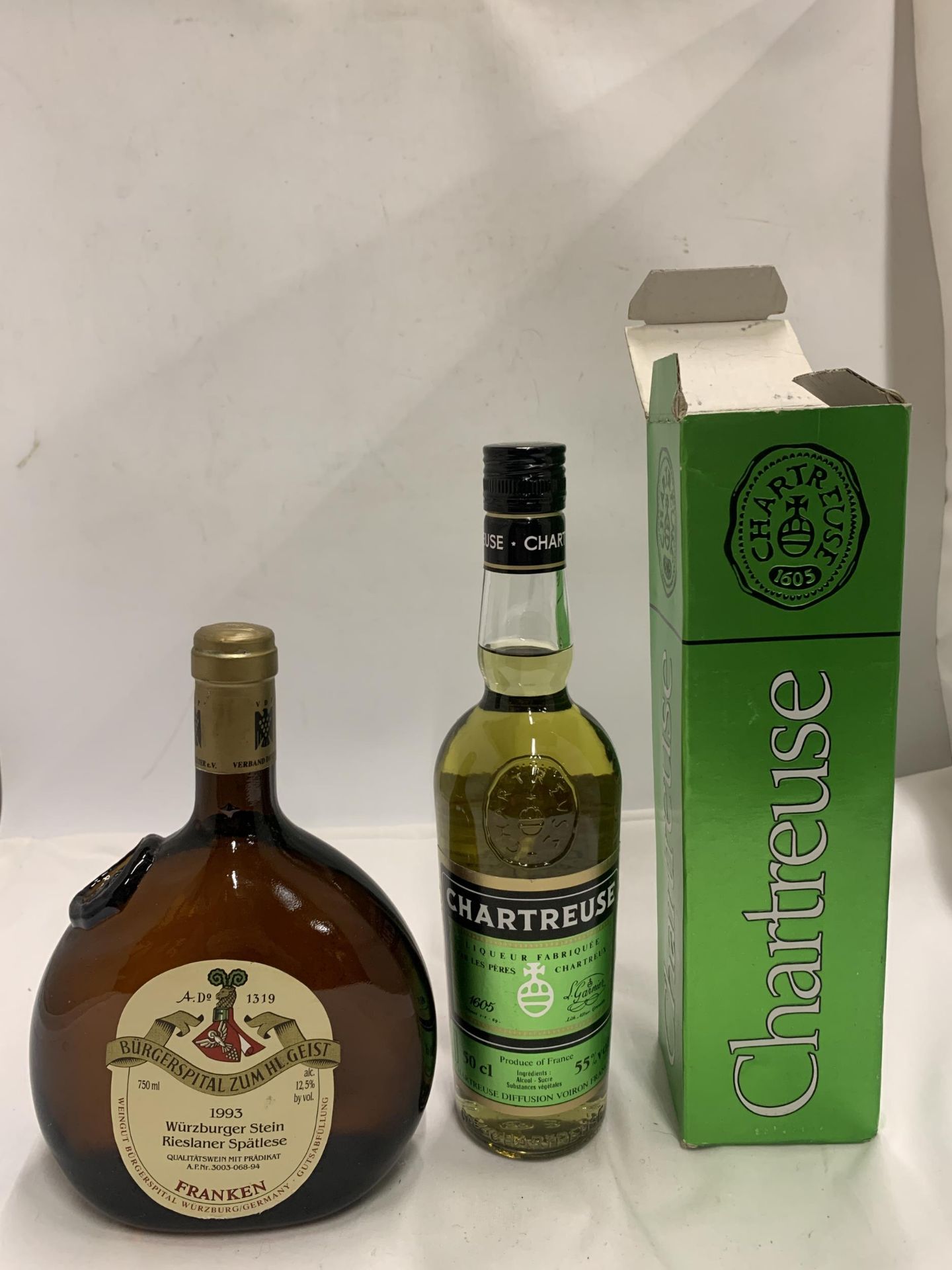 TWO BOTTLES - BOXED CHARTREUSE 50CL 55% LIQUEUR AND 1993 75CL GERMAN WINE