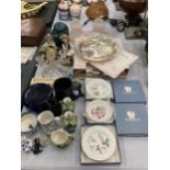 A MIXED LOT OF ITEMS TO INCLUDE CONTINENTAL STYLE FIGURES, POOLE OWL, ROYAL DOULTON CABINET PLATES