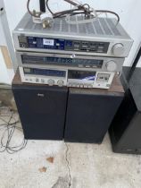 AN ASSORTMENT OF JVC STEREO EQUIPMENT TO INCLUDE A PAIR OF SPEAKERS