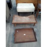 A MID 20TH CENTURY STOOL ON BLACK LEGS, OAK BED TRAY AND MAHOGANY TRAY