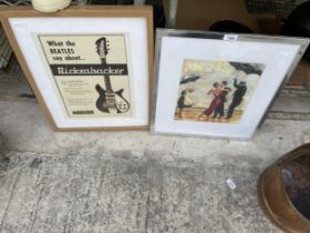 A FRAMED OIL PASTEL AFTER JACK VETRIANO THE SINGING BUTLER AND A BEATLES RICKENBACKER GUITAR