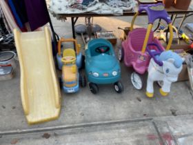 AN ASSORTMENT OF CHILDRENS RIDE ALONG VEHICLES AND A SLIDE ETC