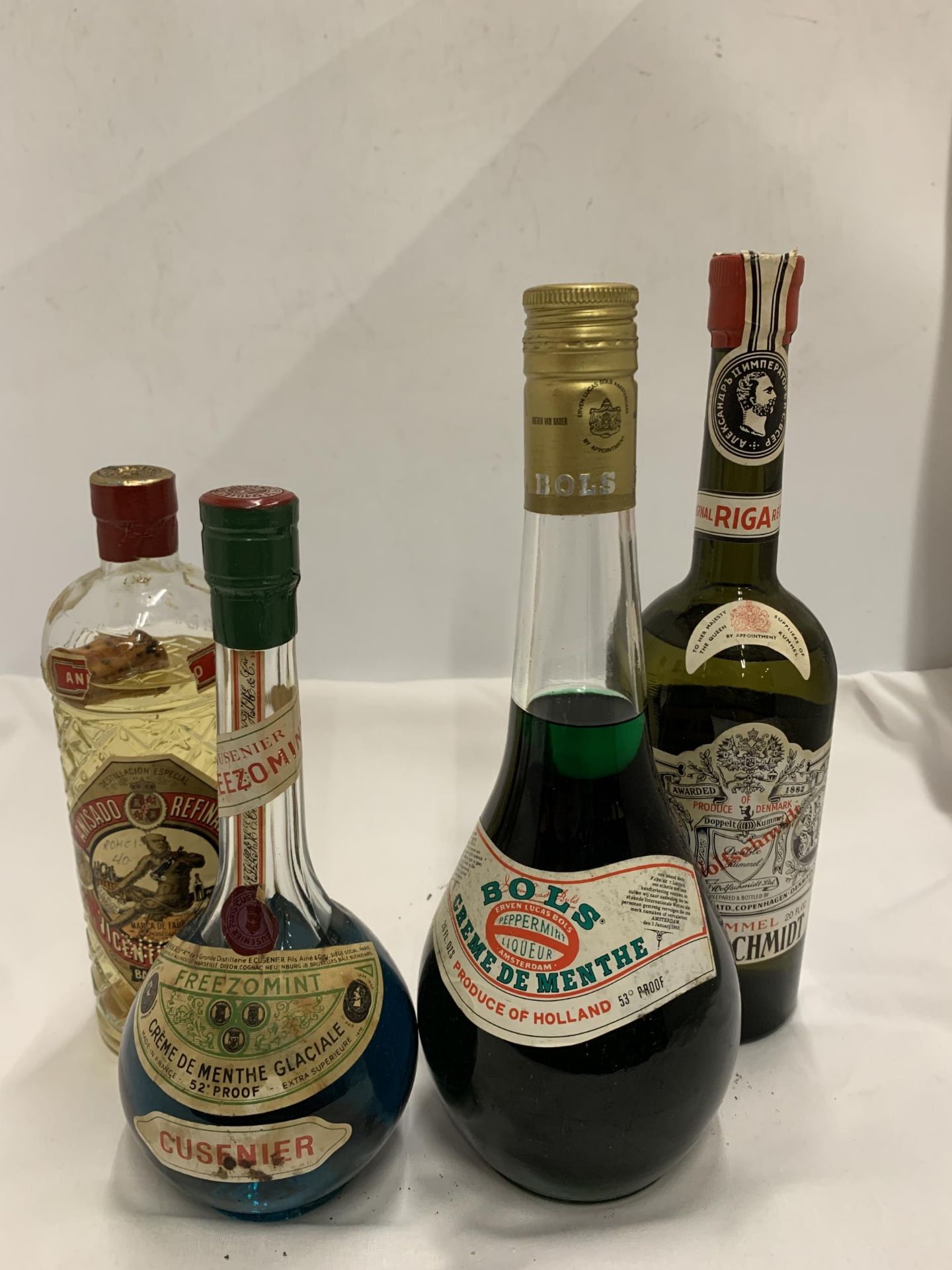 FOUR MIXED BOTTLES - BOLS CR�ME DE MENTHE, VICENTE BOSCH ETC