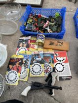 AN ASSORTMENT OF CHILDRENS TOYS TO IBNCLUDE DIE CAST VEHICLES ETC