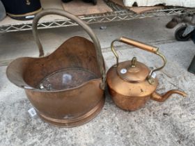 A VINTAGE COPPER COAL BUCKET AND A VINTAGE COPPER KETTLE