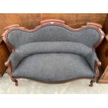 A 19TH CENTURY MAHOGANY SOFA WITH SCROLL ARMS AND BACK, ON FRONT CABRIOLE LEGS