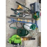 A COLLECTION OF GARDEN HAND TOOLS AND HARDWARE TO INCLUDE PICK AXE. ETC
