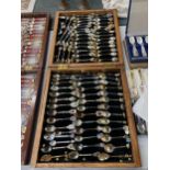 A WOODEN DISPLAY BOX CONTAINING ASSORTED COLLECTABLE SILVER PLATED TEASPOONS