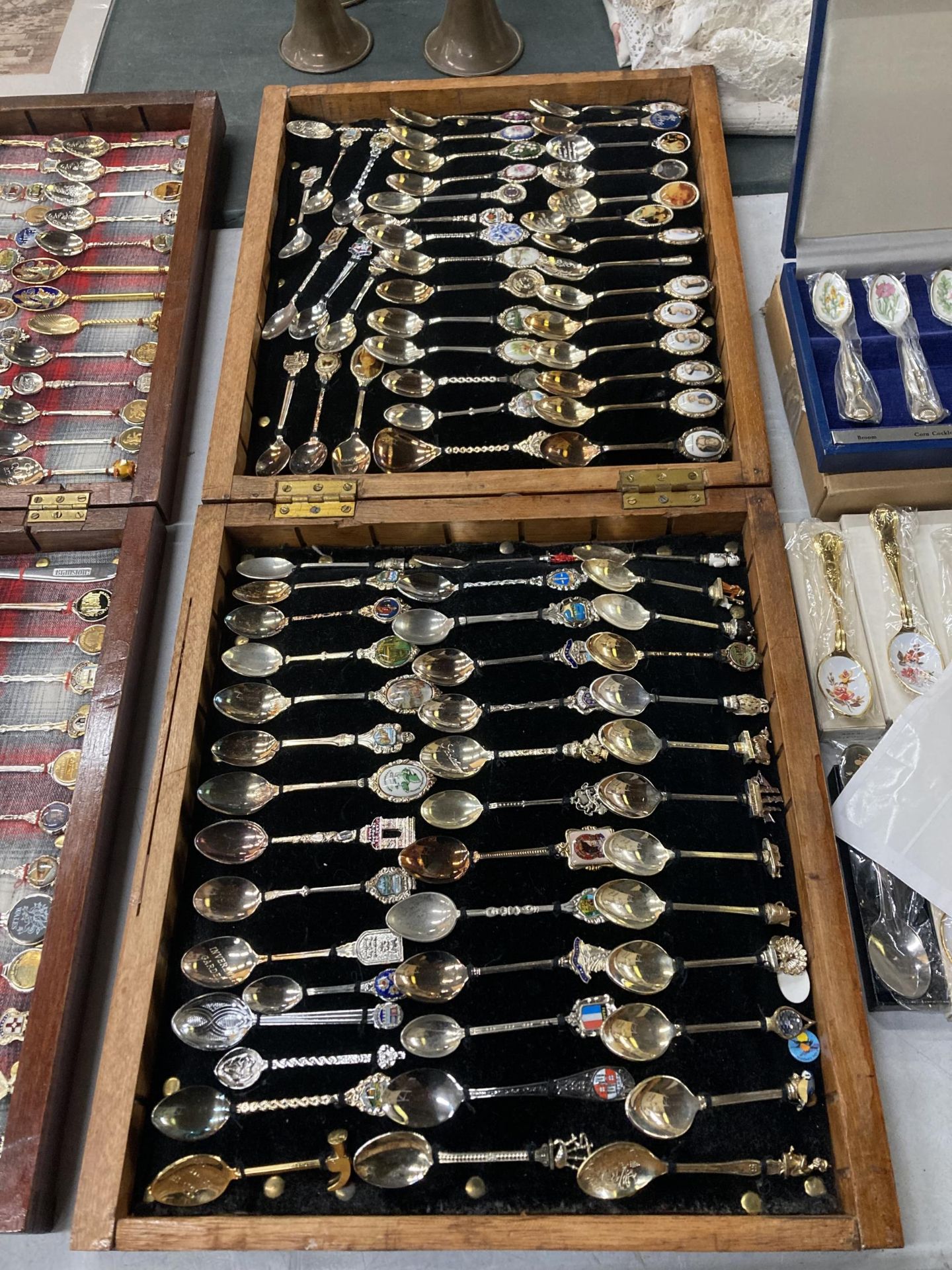 A WOODEN DISPLAY BOX CONTAINING ASSORTED COLLECTABLE SILVER PLATED TEASPOONS