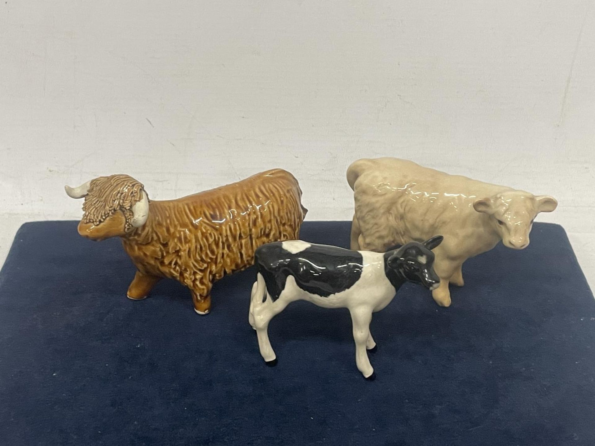 THREE CALVES TO INCLUDE A BESWICK FRESIAN, A BESWICK CHAROLAIS AND A HIGHLAND