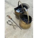 TWO VINTAGE BRASS COAL BUCKETS, A FIRE POKER AND TONGUES ETC