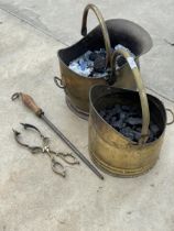 TWO VINTAGE BRASS COAL BUCKETS, A FIRE POKER AND TONGUES ETC