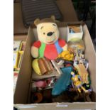 A MIXED LOT OF TOYS TO INCLUDE 2 GUNS, CAPS, ACTION FIGURES, WINNIE THE POOH, A CORGI PONY CLUB