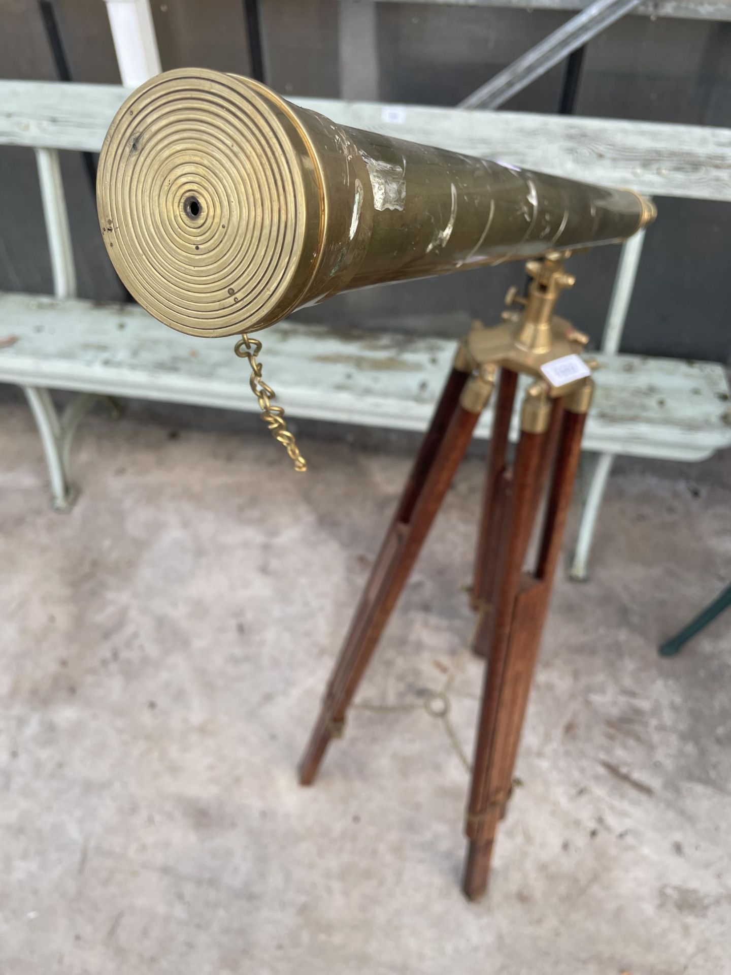 A VINTAGE BRASS TELESCOPE WITH WOODEN TRIPOD STAND - Image 5 of 7