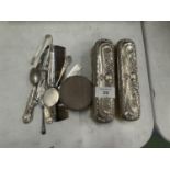 VARIOUS SILVER ITEMS TO INCLUDE TWO BRUSHES A PIN CUSHION AND SEVERAL ITEMS OF FLATWARE ETC