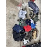 A LARGE ASSORTMENT OF CLOTHING TO INCLUDE SHOES, AND BAGS