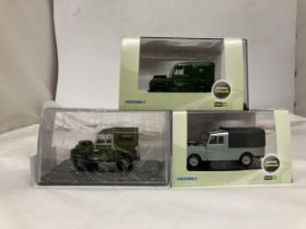 THREE OXFORD DIECAST LANDROVERS (BOXED) (MINT) 1:43 SCALE